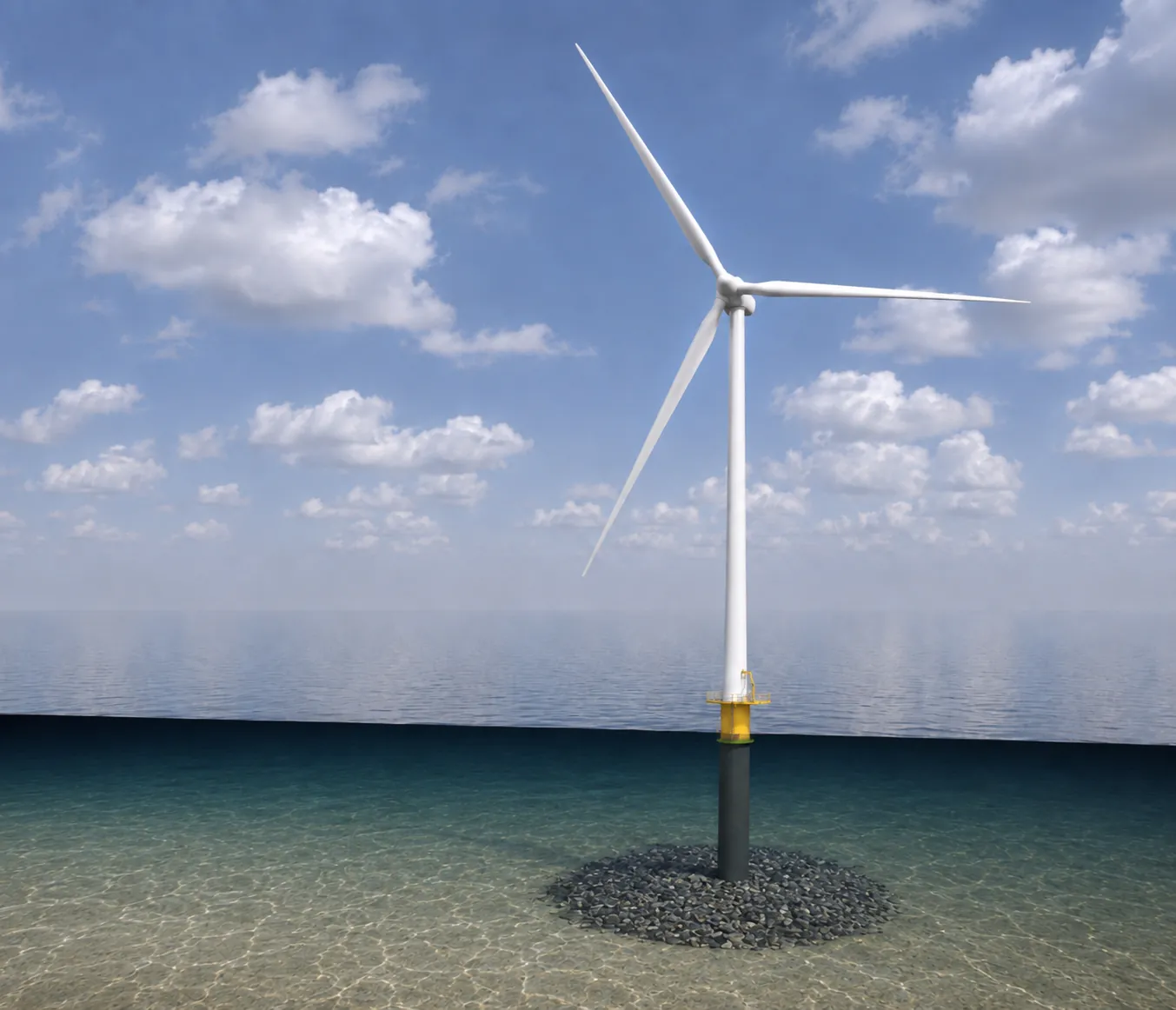 Cutaway view of an offshore wind monopile foundation and scour protection