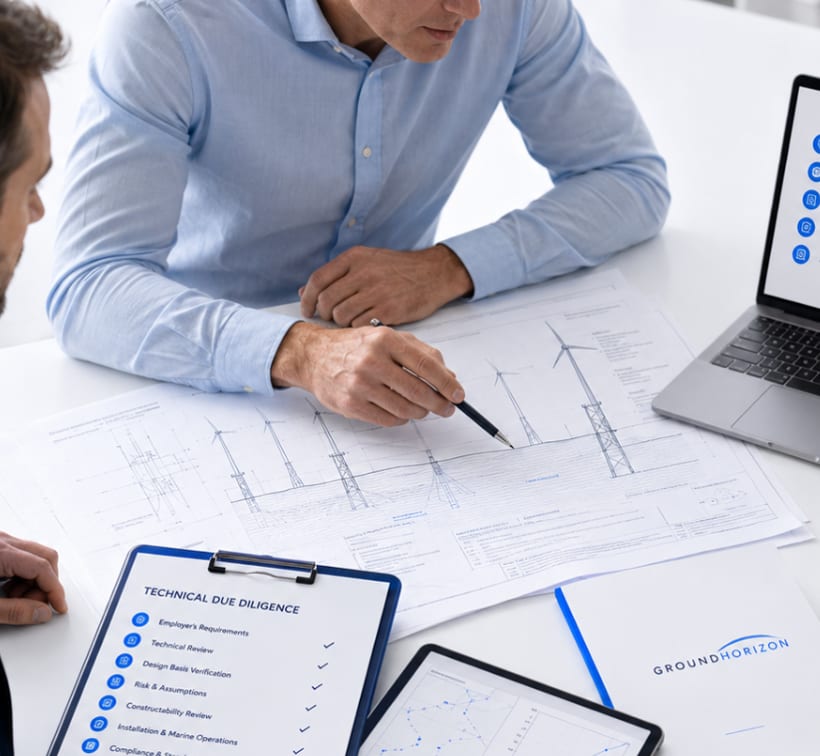 Engineers reviewing offshore wind drawings and a technical due diligence checklist