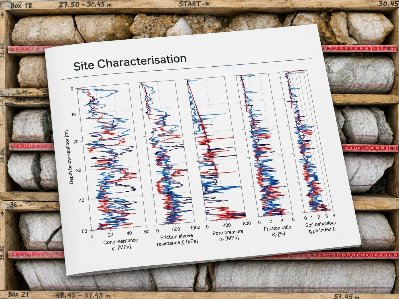Site characterisation report with CPT profiles over boxes of recovered core
